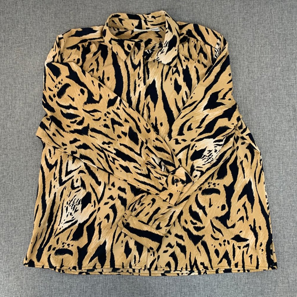 Alfred Dunner Button Down Blouse Animal Print Tan & Black Collared‎ Size 20W